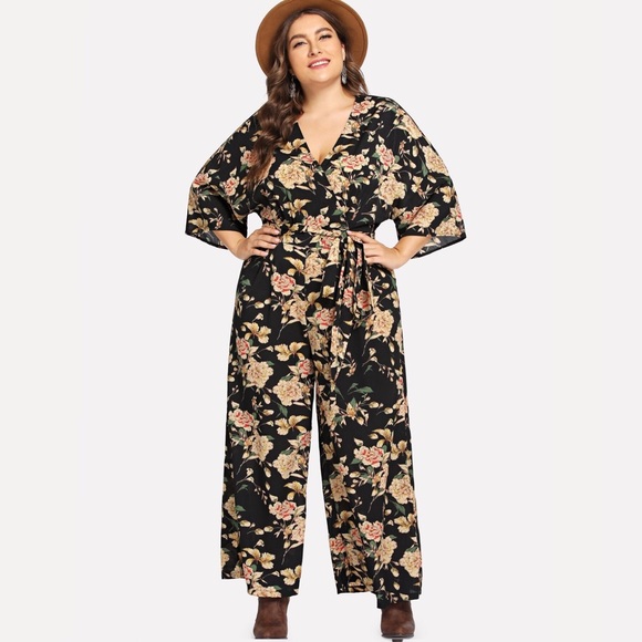 Plus Surplice Neck Wide Leg Botanical Overall - Picture 2 of 7